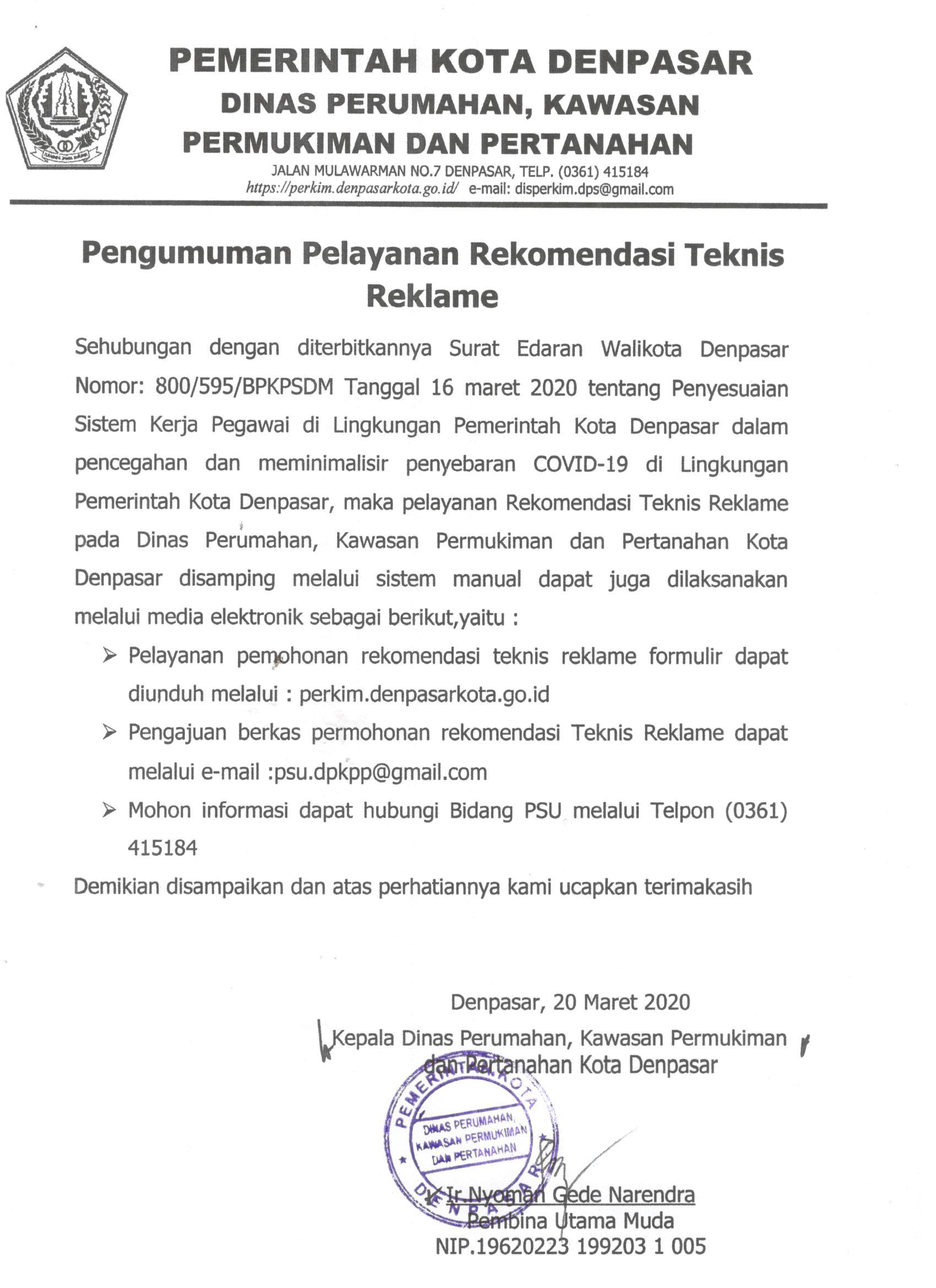 Pengumuman Pelayanan Rekomendasi Teknis Reklame